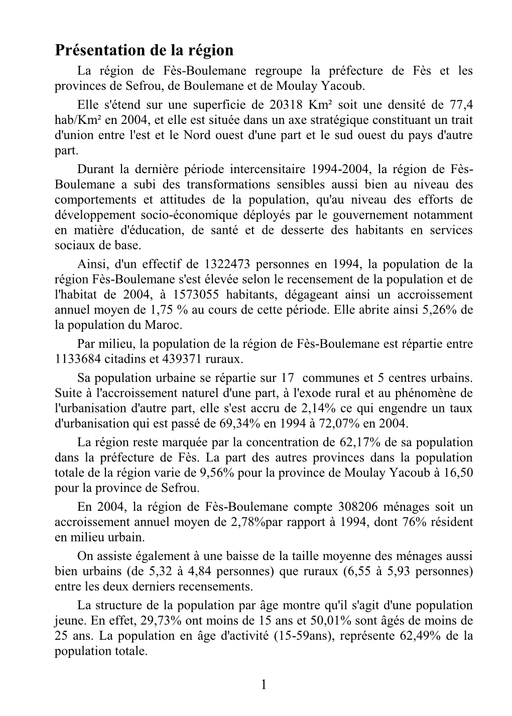 Principaux Indicateurs De L'ex-Région Fès Boulemane Selon Le