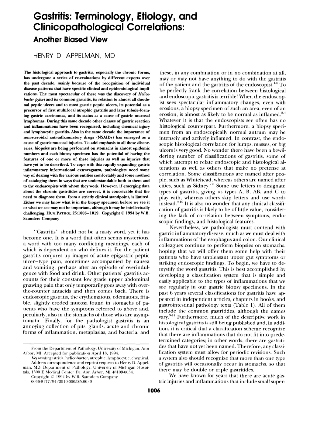 Gastritis: Terminology, Etiology, and Clinicopathological Correlations: Another Biased View