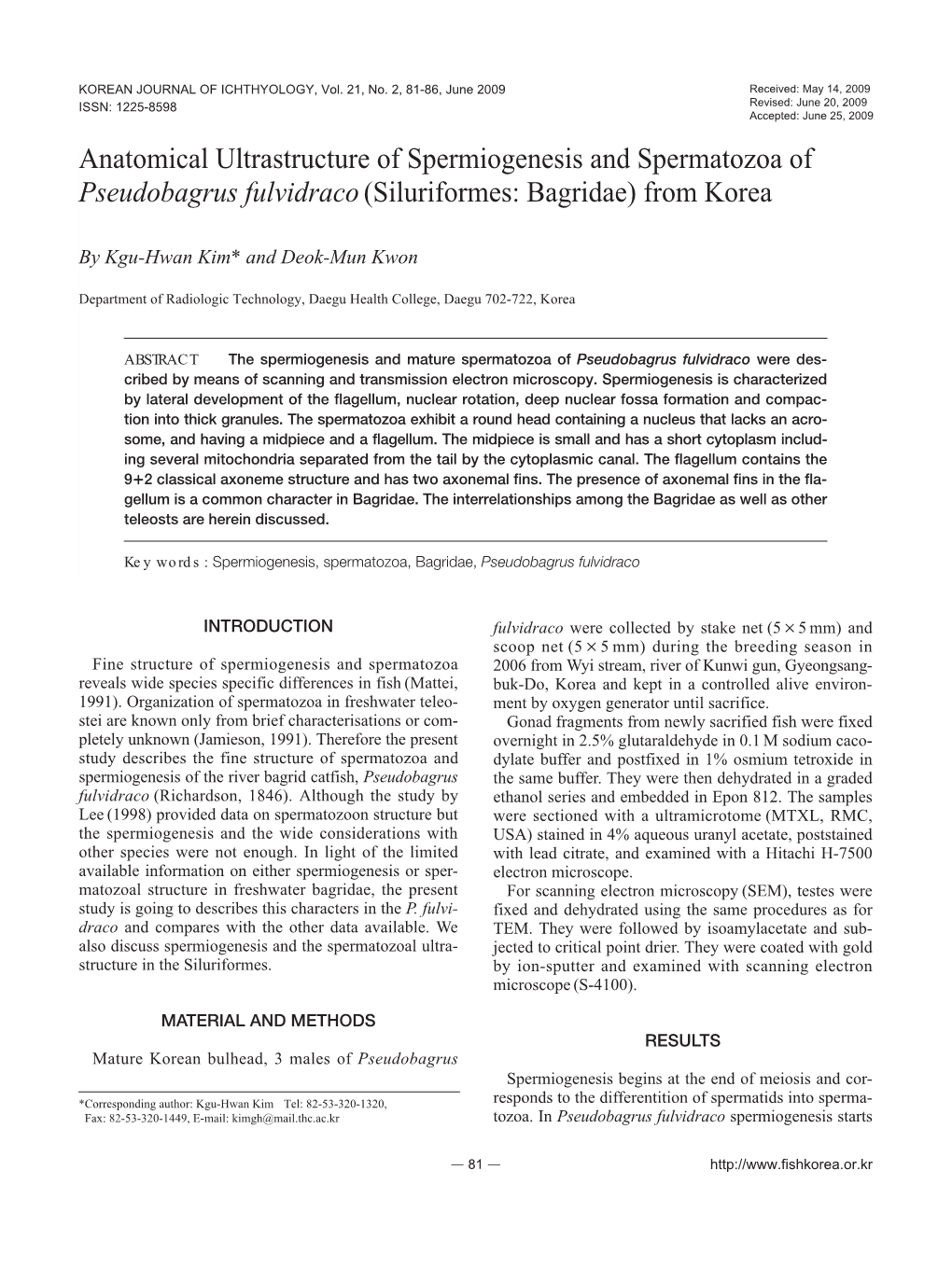 Anatomical Ultrastructure of Spermiogenesis and Spermatozoa of Pseudobagrus Fulvidraco (Siluriformes: Bagridae) from Korea