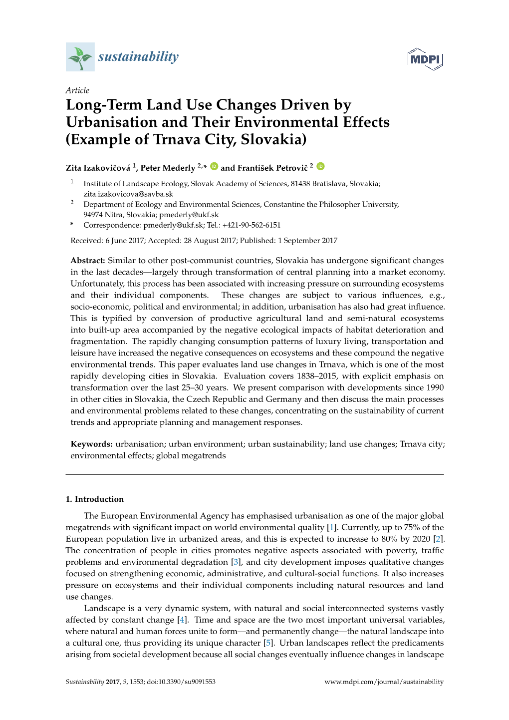 Long-Term Land Use Changes Driven by Urbanisation and Their Environmental Effects (Example of Trnava City, Slovakia)
