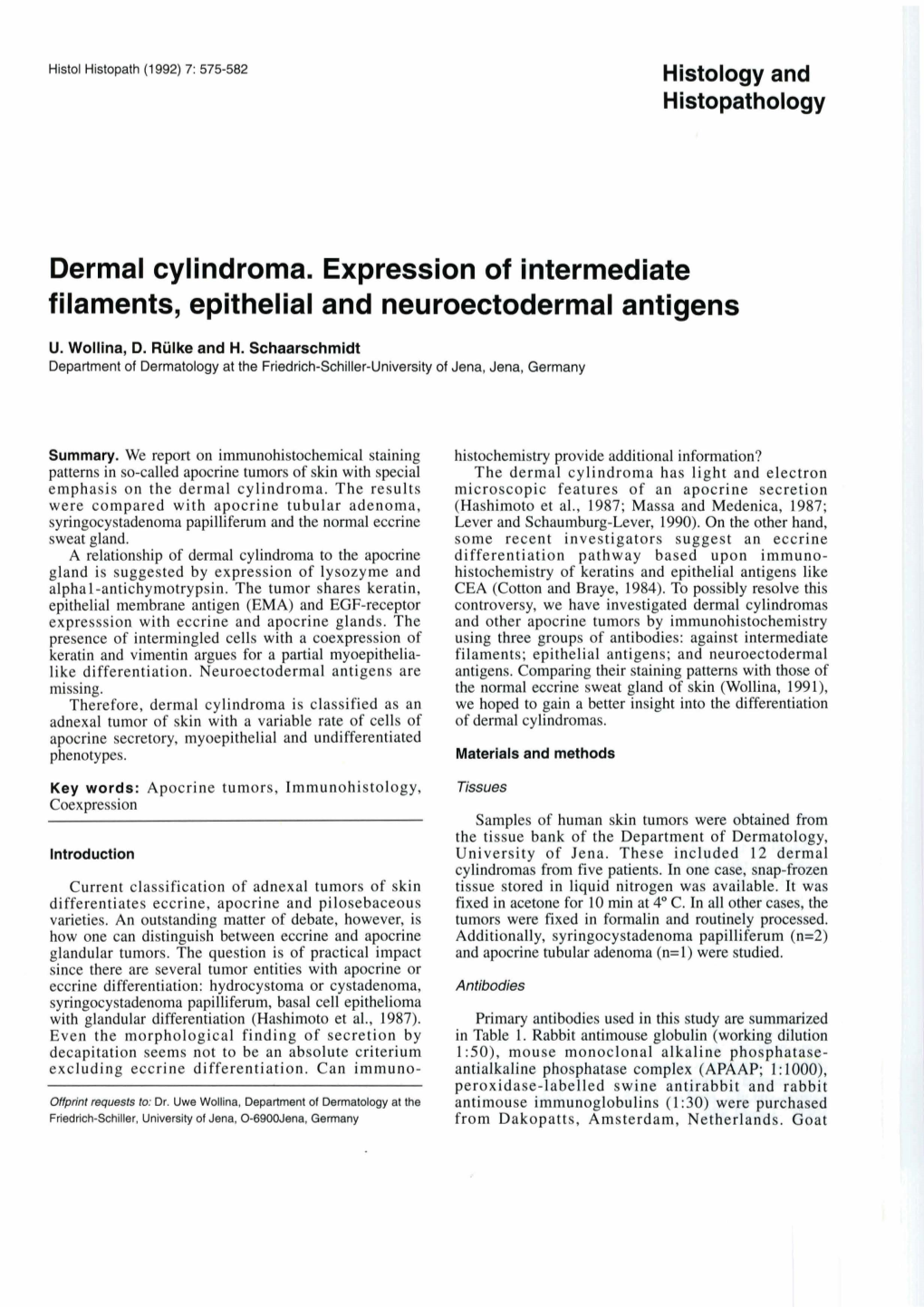 Dermal Cylindroma. Expression of Intermediate Filaments, Epithelial and Neuroectodermal Antigens