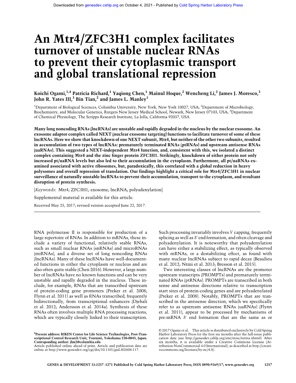 An Mtr4/ZFC3H1 Complex Facilitates Turnover of Unstable Nuclear Rnas to Prevent Their Cytoplasmic Transport and Global Translational Repression