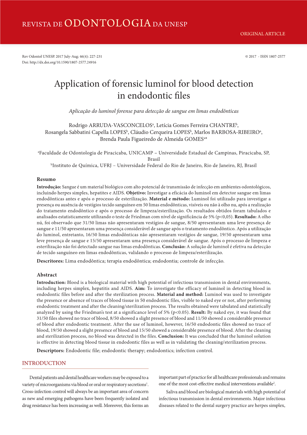 Application of Forensic Luminol for Blood Detection in Endodontic Files