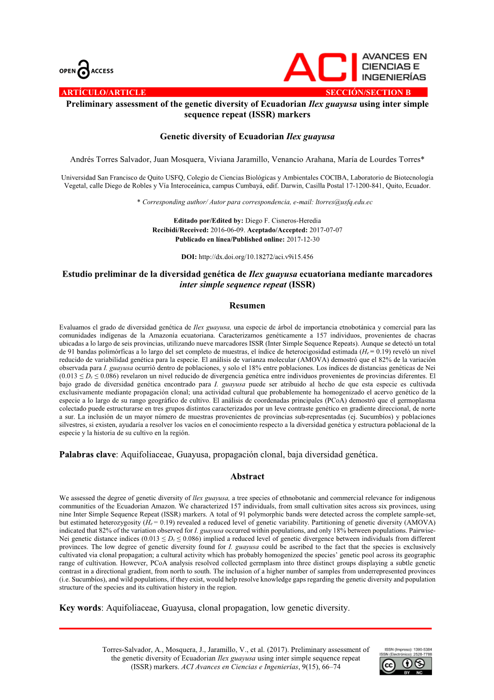 Preliminary Assessment of the Genetic Diversity of Ecuadorian Ilex Guayusa Using Inter Simple Sequence Repeat (ISSR) Markers