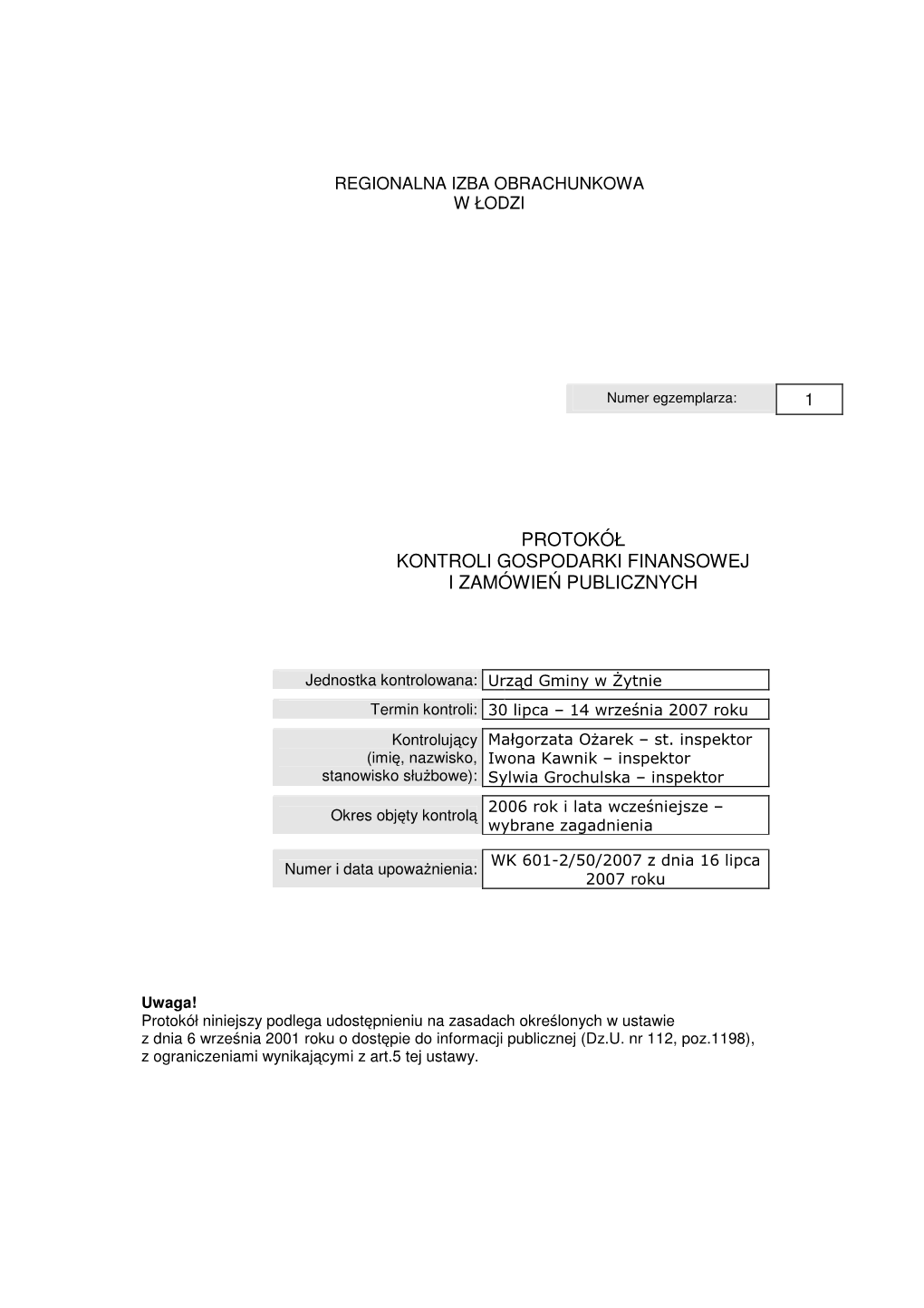 Protokół Kontroli Gospodarki Finansowej I Zamówień Publicznych