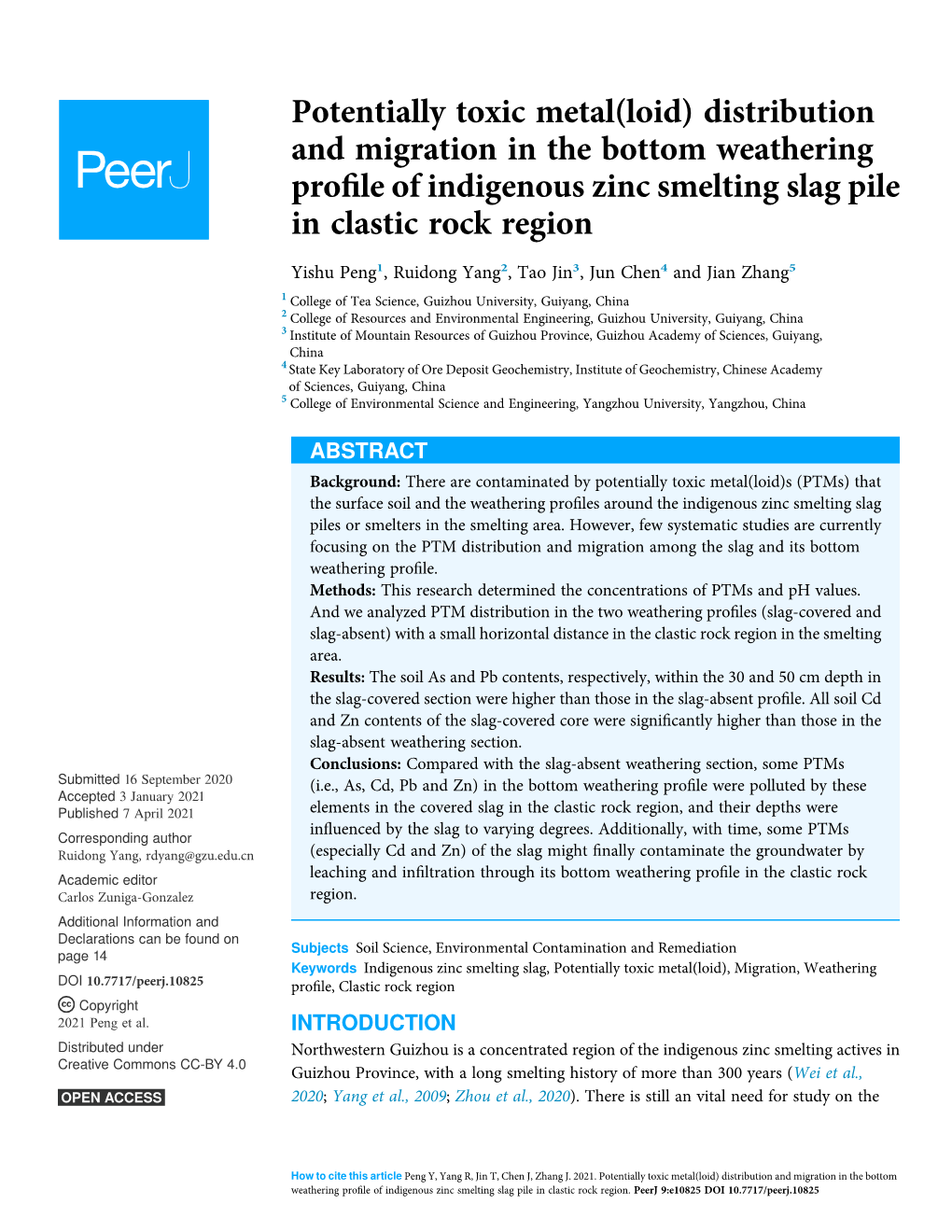 Potentially Toxic Metal(Loid) Distribution and Migration in the Bottom Weathering Proﬁle of Indigenous Zinc Smelting Slag Pile in Clastic Rock Region