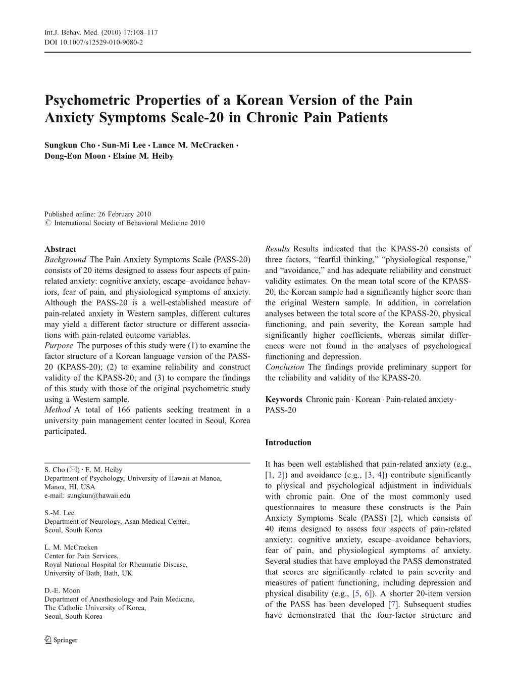 Psychometric Properties of a Korean Version of the Pain Anxiety Symptoms Scale-20 in Chronic Pain Patients