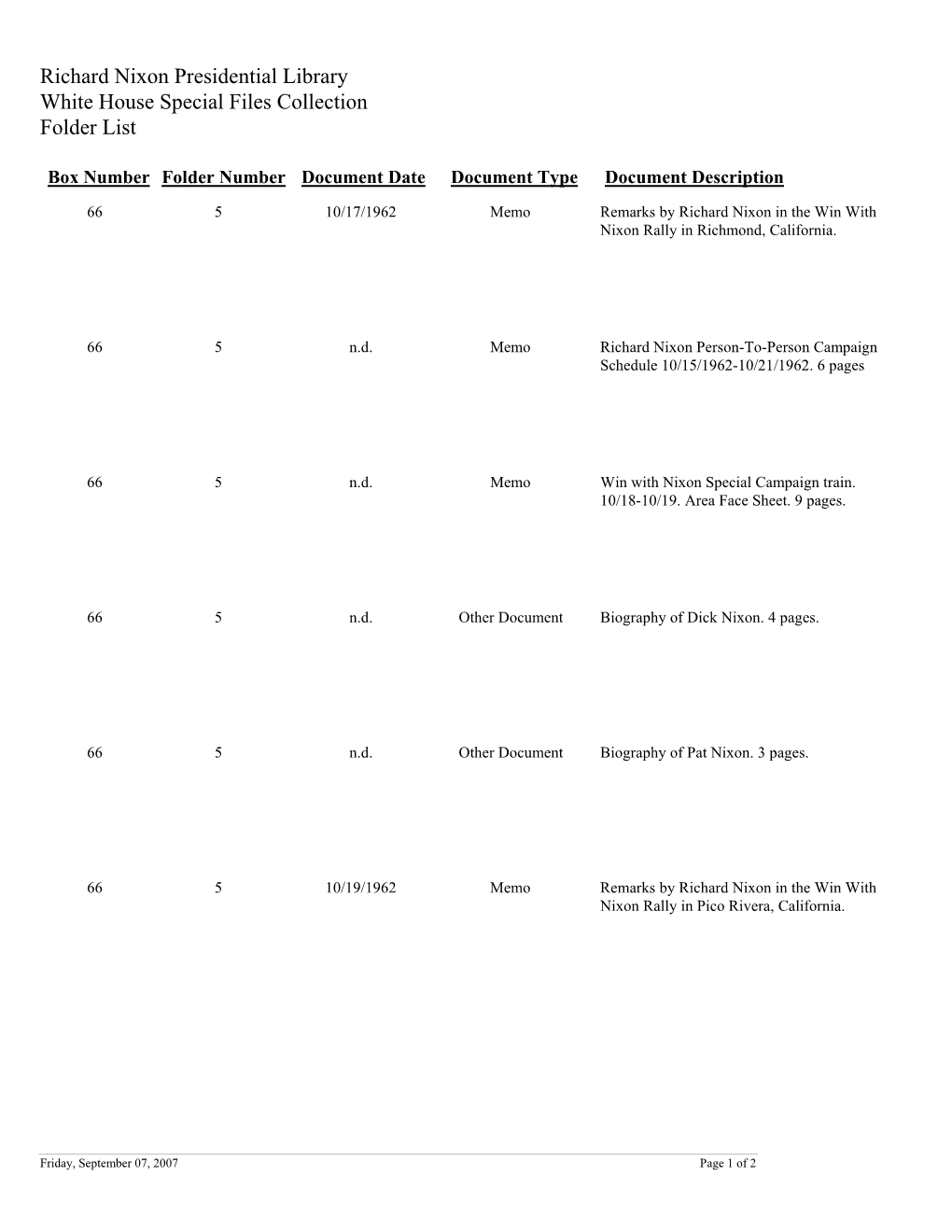 White House Special Files Box 66 Folder 5