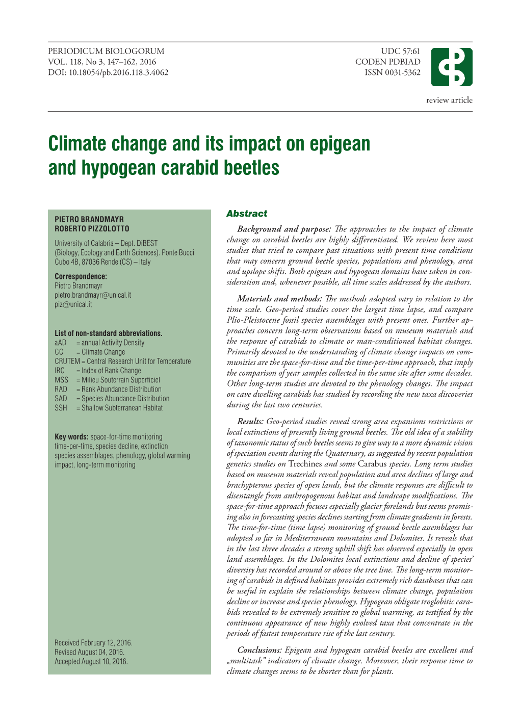 Climate Change and Its Impact on Epigean and Hypogean Carabid Beetles