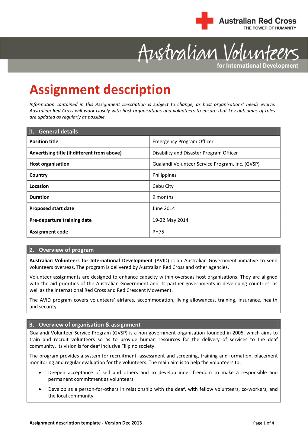 Volunteer Assignment Description and Request Form