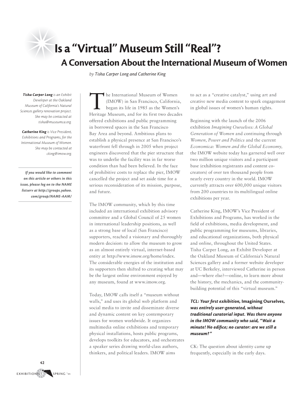 Is a “Virtual” Museum Still “Real”? a Conversation About the International Museum of Women by Tisha Carper Long and Catherine King