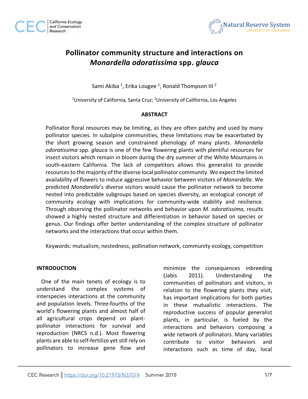 Pollinator Community Structure and Interactions on Monardella Odoratissima Spp