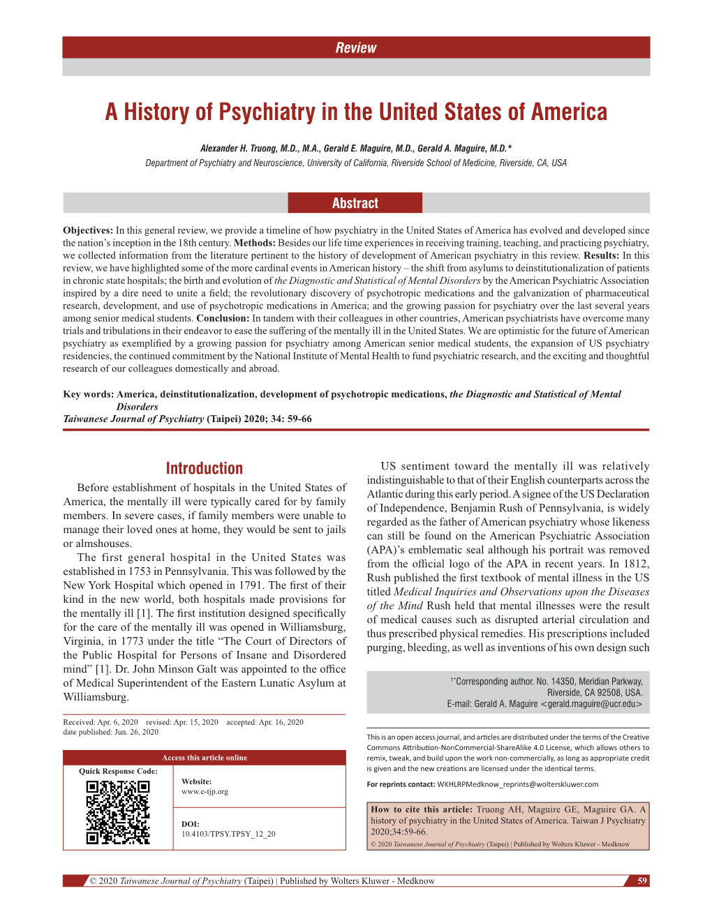 A History of Psychiatry in the United States of America