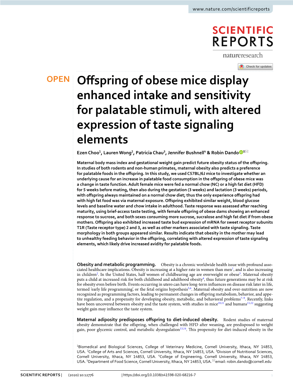 Offspring of Obese Mice Display Enhanced Intake and Sensitivity For