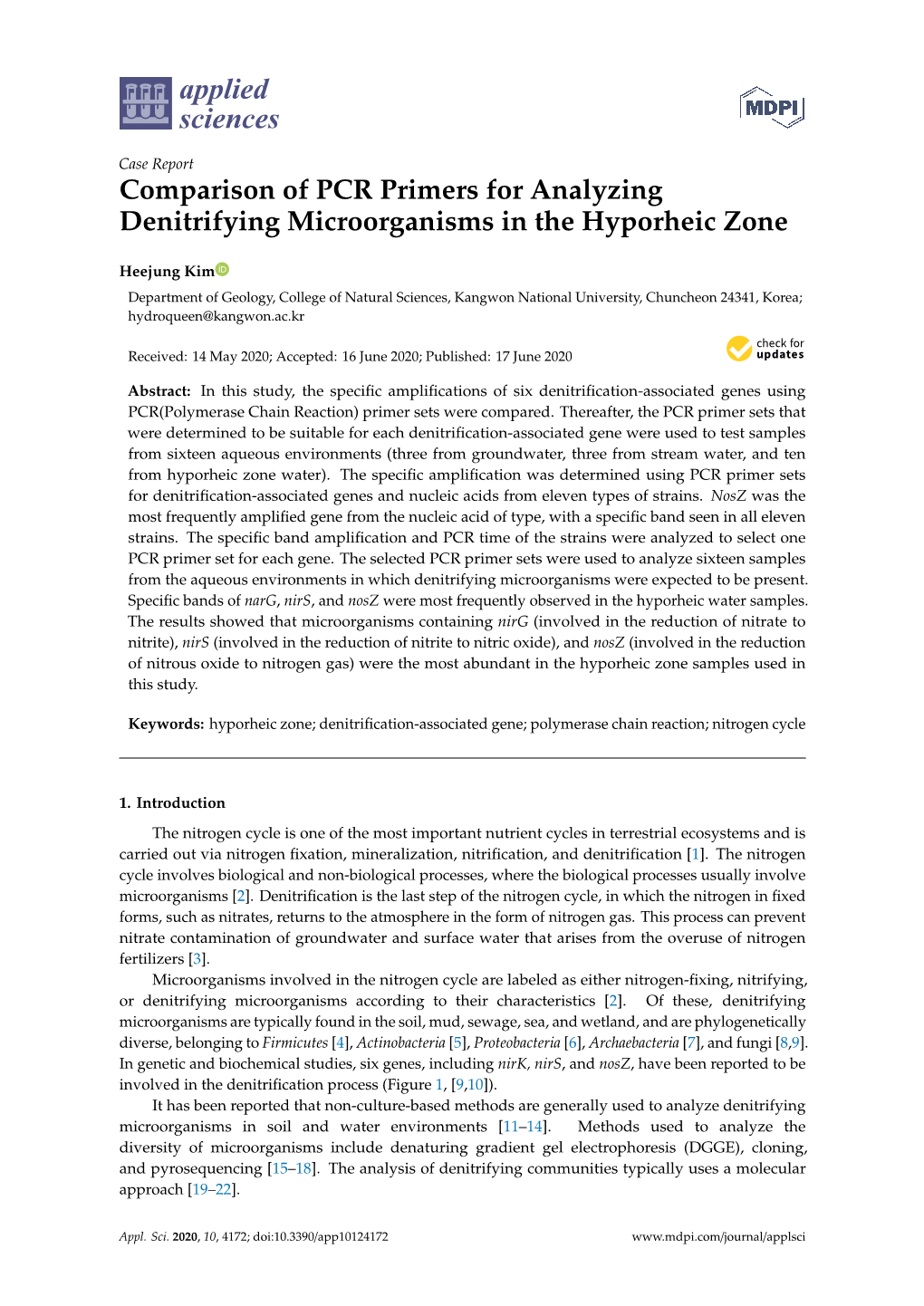 Comparison of PCR Primers for Analyzing Denitrifying Microorganisms in the Hyporheic Zone