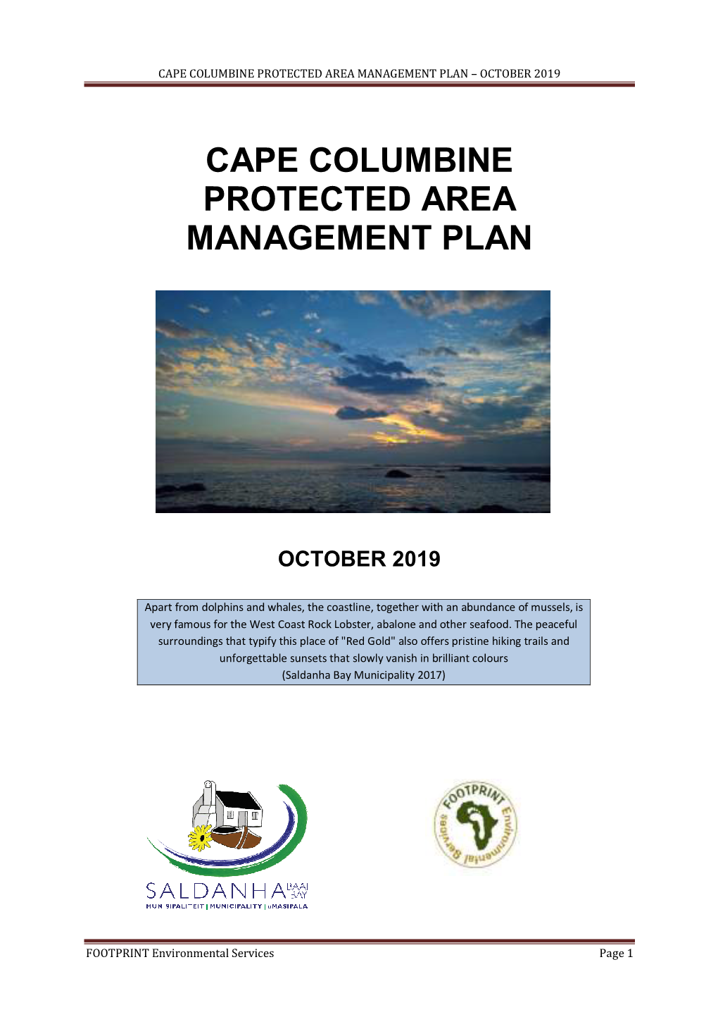 Cape Columbine Protected Area Management Plan – October 2019