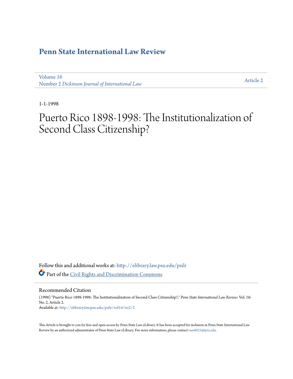 Puerto Rico 1898-1998: the Institutionalization of Second Class Citizenship?