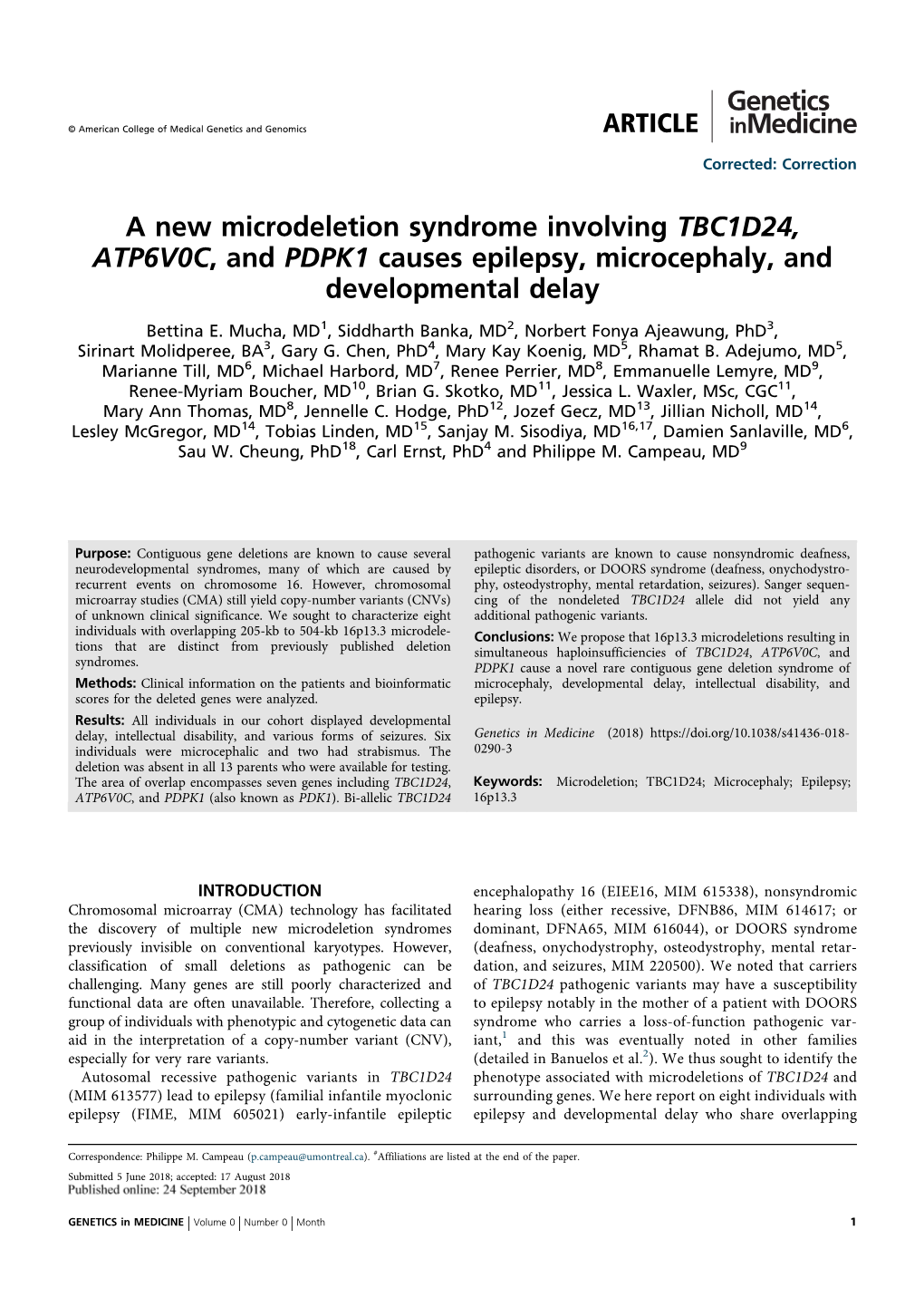 A New Microdeletion Syndrome Involving TBC1D24, ATP6V0C, and PDPK1 Causes Epilepsy, Microcephaly, and Developmental Delay