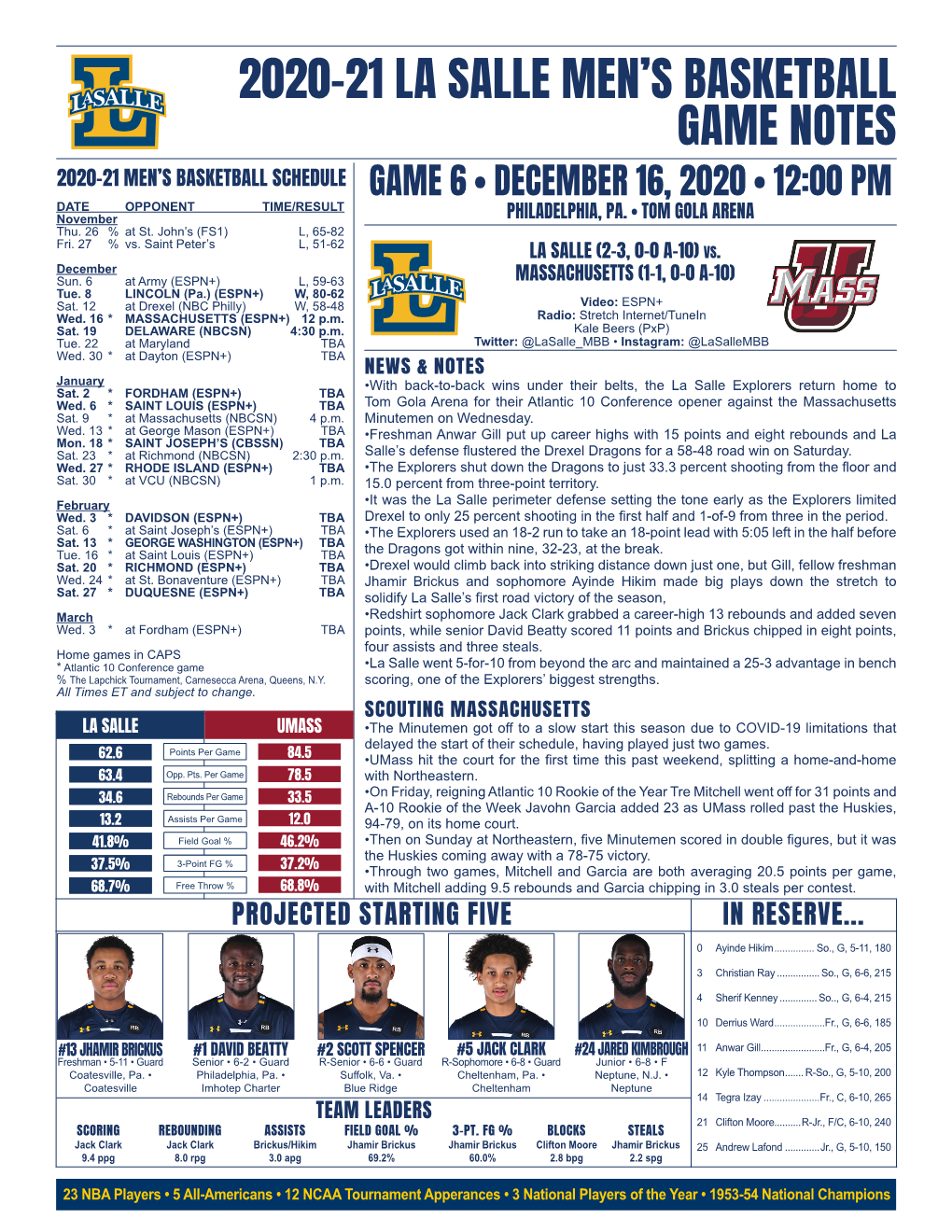 2020-21 La Salle Men's Basketball Game Notes