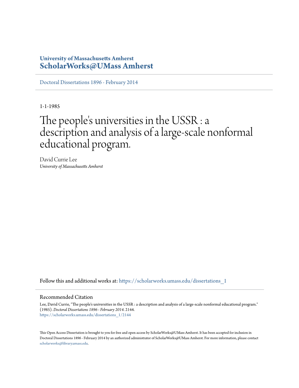 The People's Universities in the USSR : a Description and Analysis of a Large-Scale Nonformal Educational Program