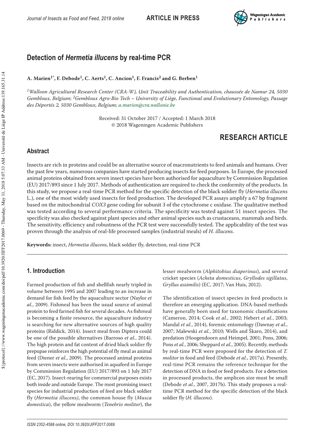 Journal of Insects As Food and Feed, 2016;2018 Online1(1): 1-8 ARTICLE in PRESS Publishers