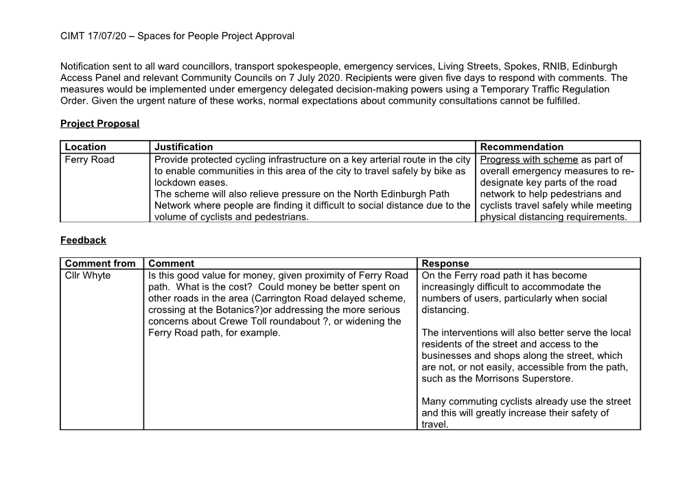 Spaces for People Project Approval Notification Sent to All Ward Councillors, Transport