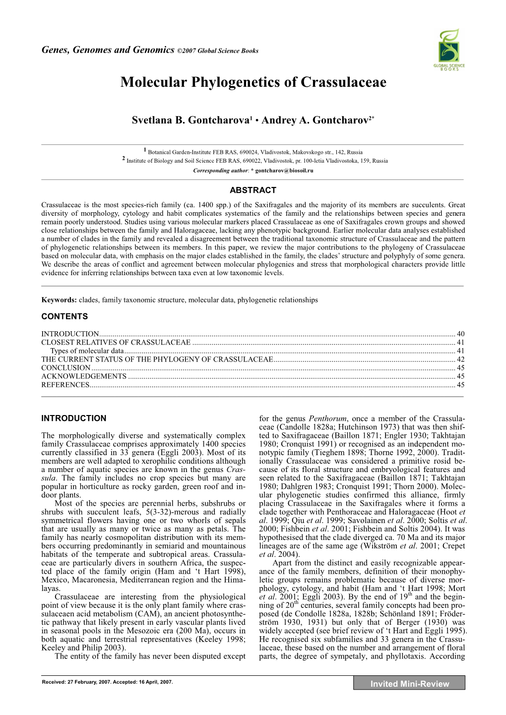 Molecular Phylogenetics of Crassulaceae