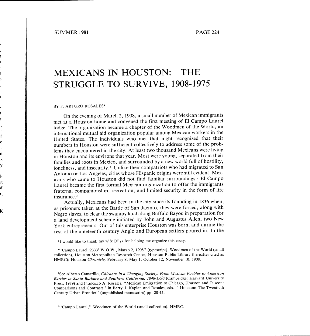 Mexicans in Houston: the Struggle to Survive, 1908-1975