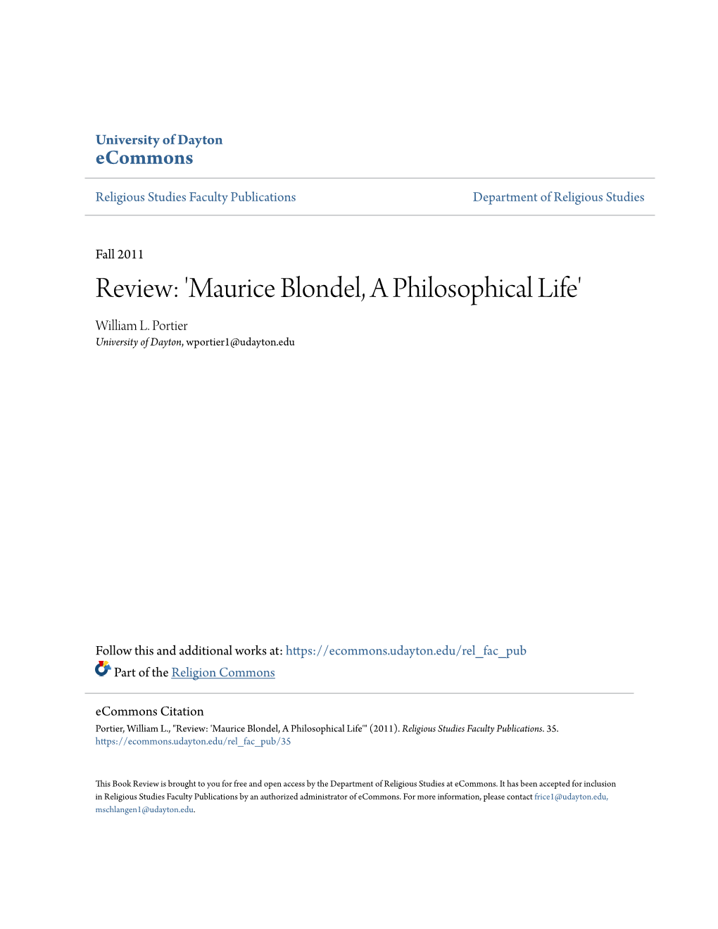 Maurice Blondel, a Philosophical Life' William L