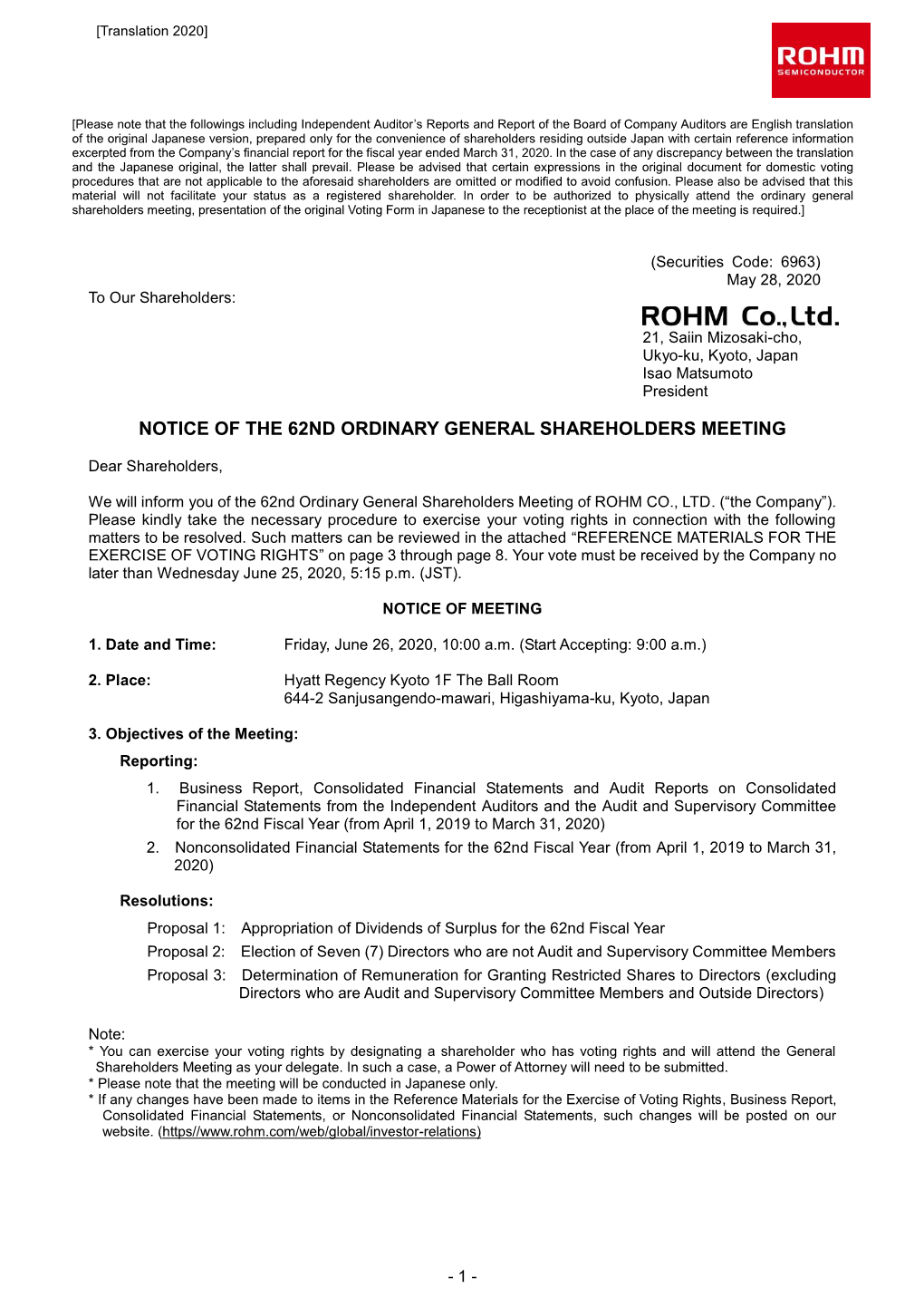 Notice of the 62Nd Ordinary General Shareholders Meeting