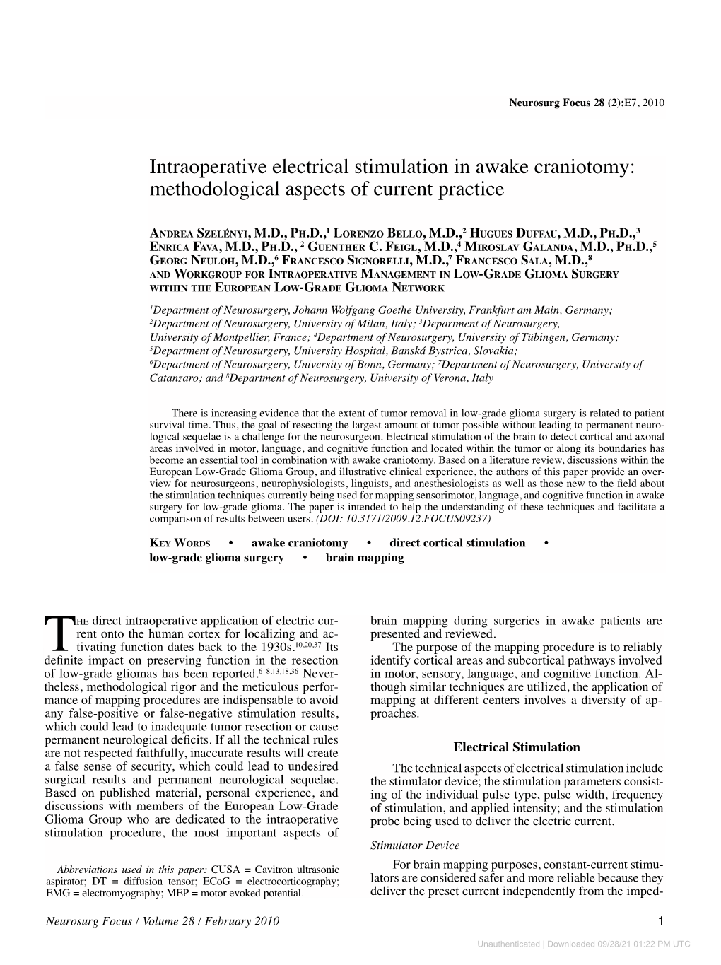 Intraoperative Electrical Stimulation in Awake Craniotomy: Methodological Aspects of Current Practice