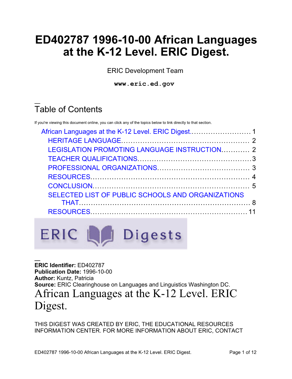 ED402787 1996-10-00 African Languages at the K-12 Level. ERIC Digest