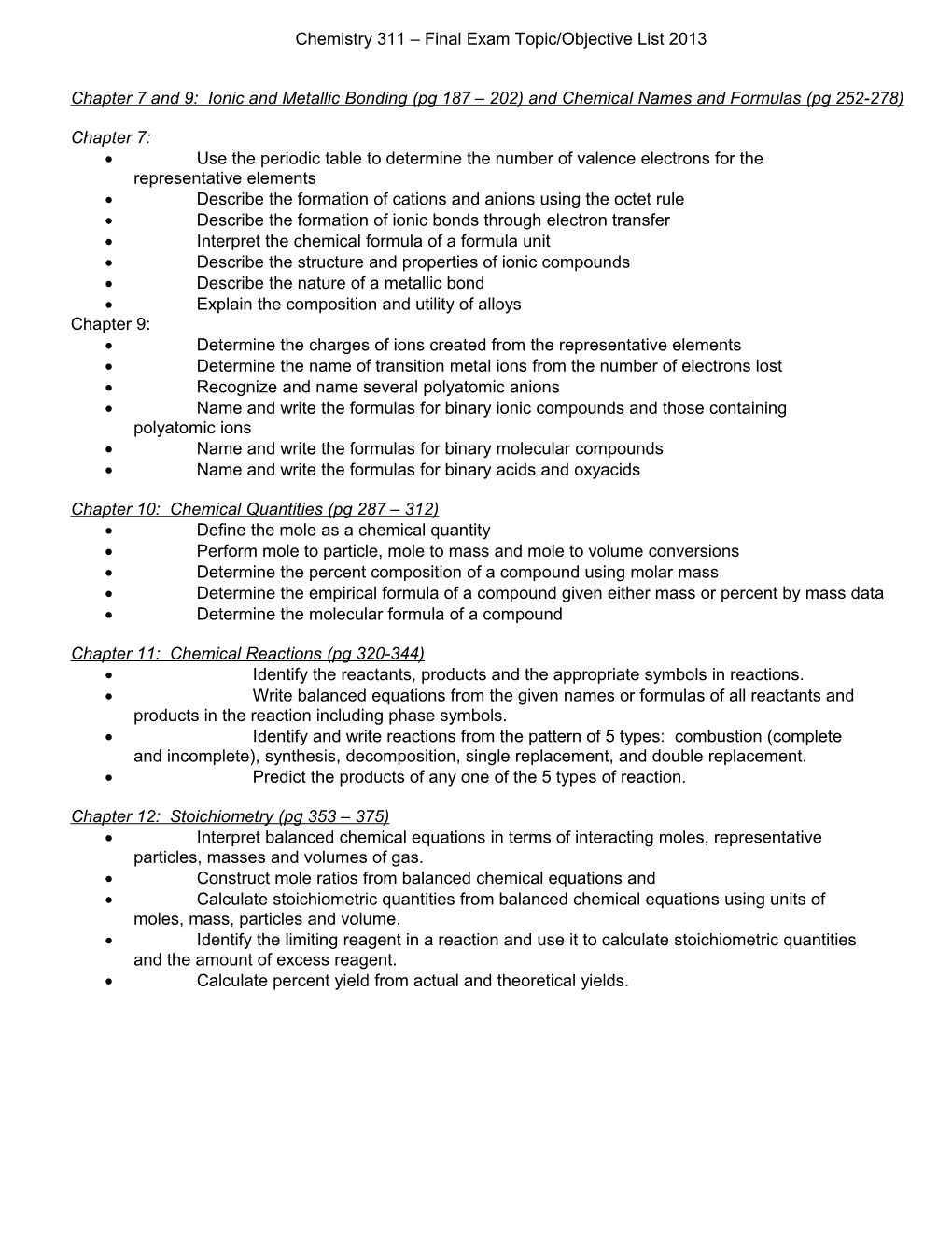 Chemistry 311 Final Exam Topic/Objective List