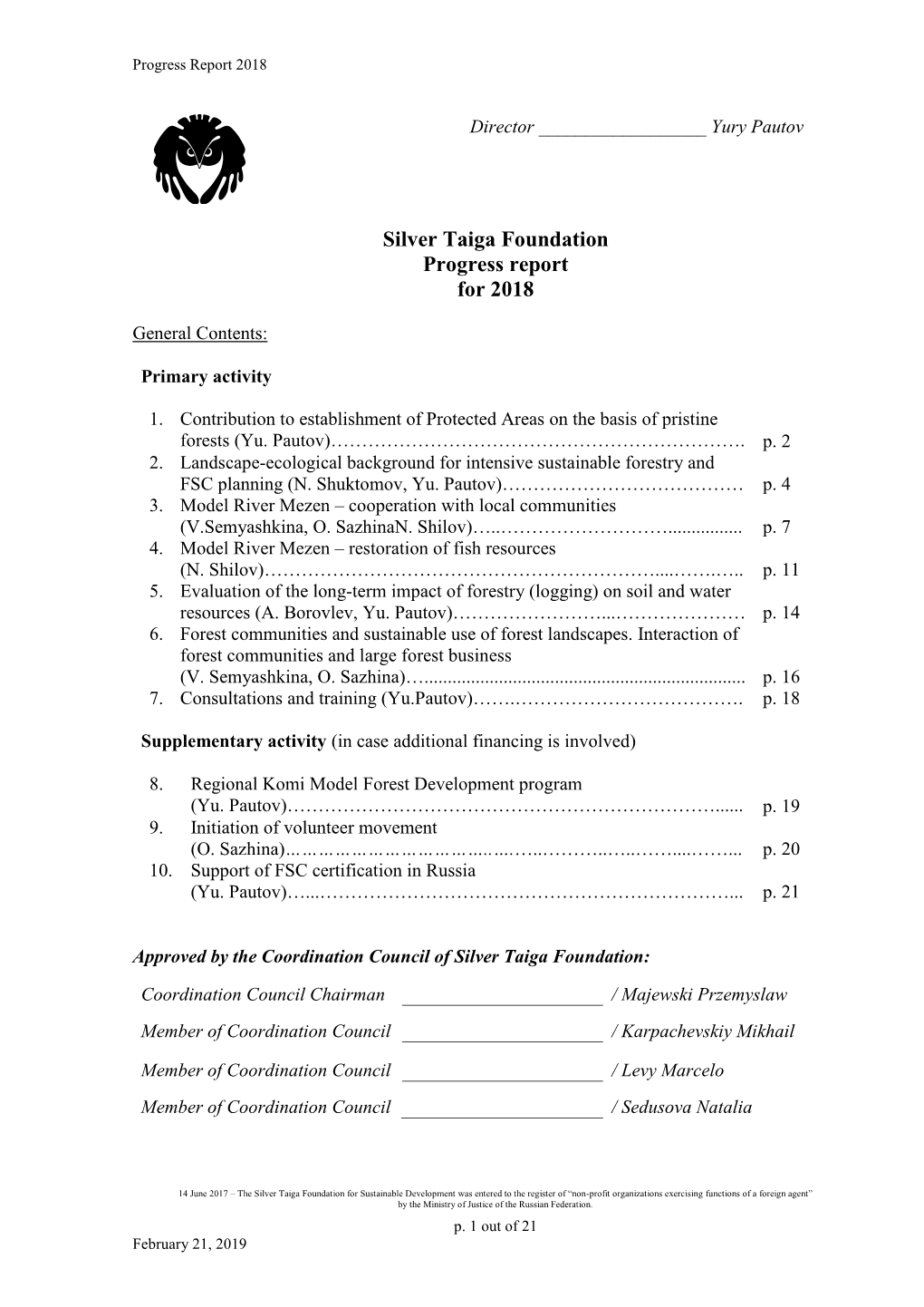 Silver Taiga Foundation Progress Report for 2018