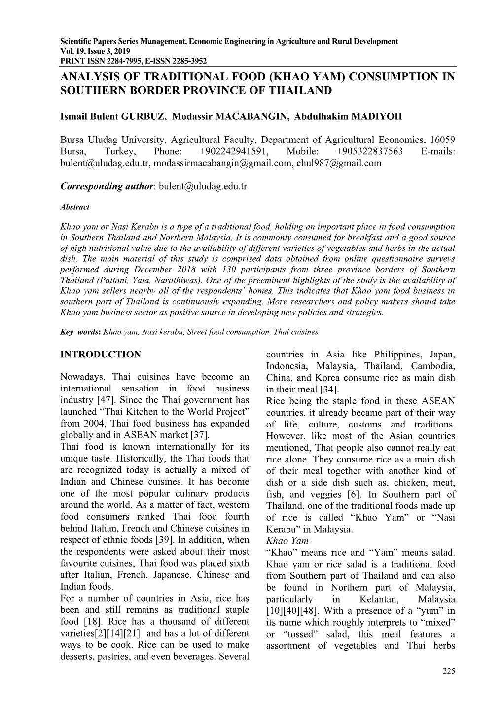 Analysis of Traditional Food (Khao Yam) Consumption in Southern Border Province of Thailand