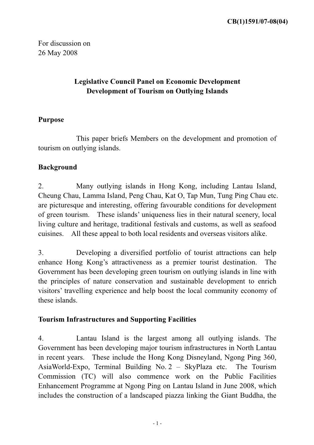 Administration's Paper on Tourism Development on Outlying Islands