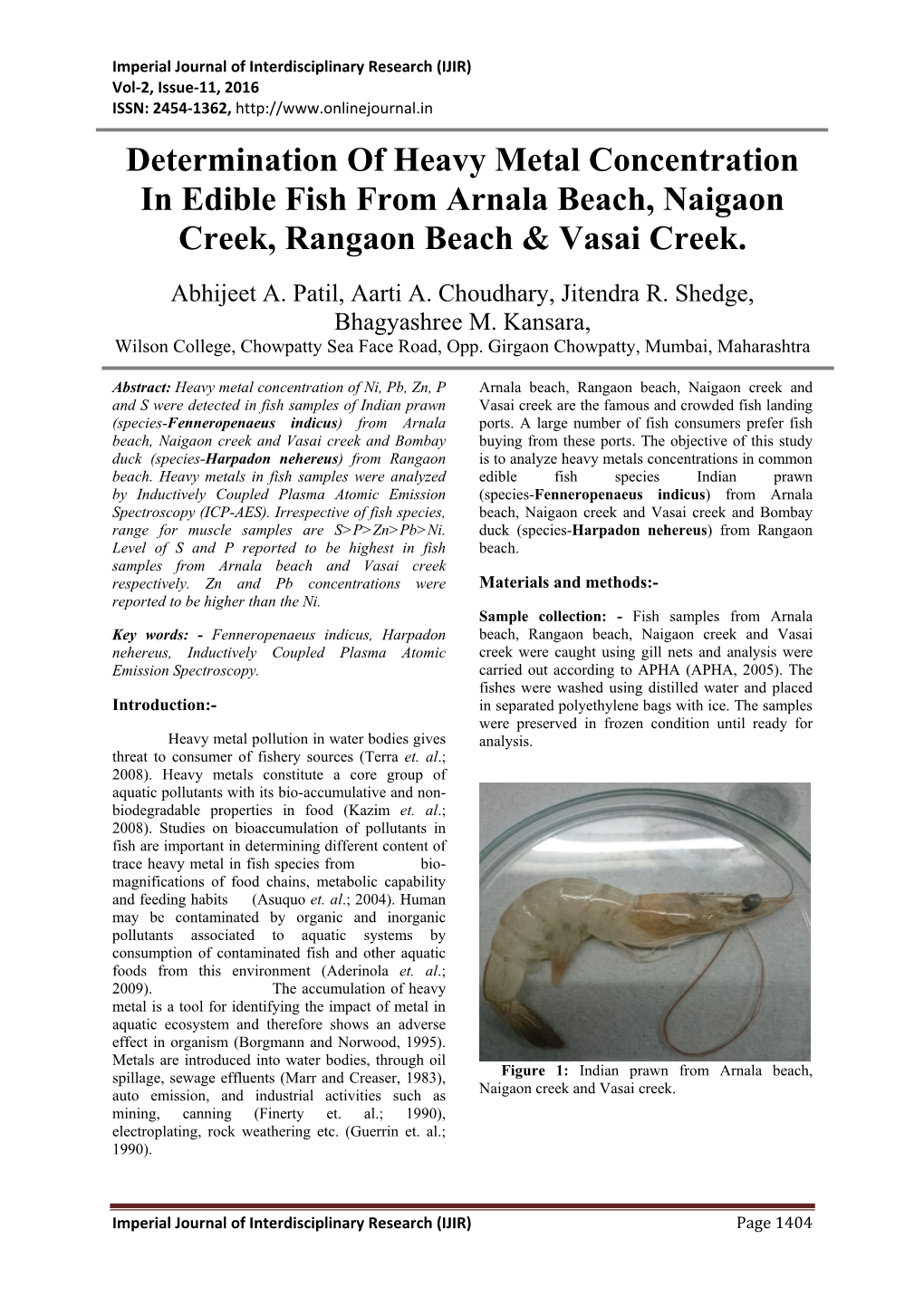 Determination of Heavy Metal Concentration in Edible Fish from Arnala Beach, Naigaon Creek, Rangaon Beach & Vasai Creek