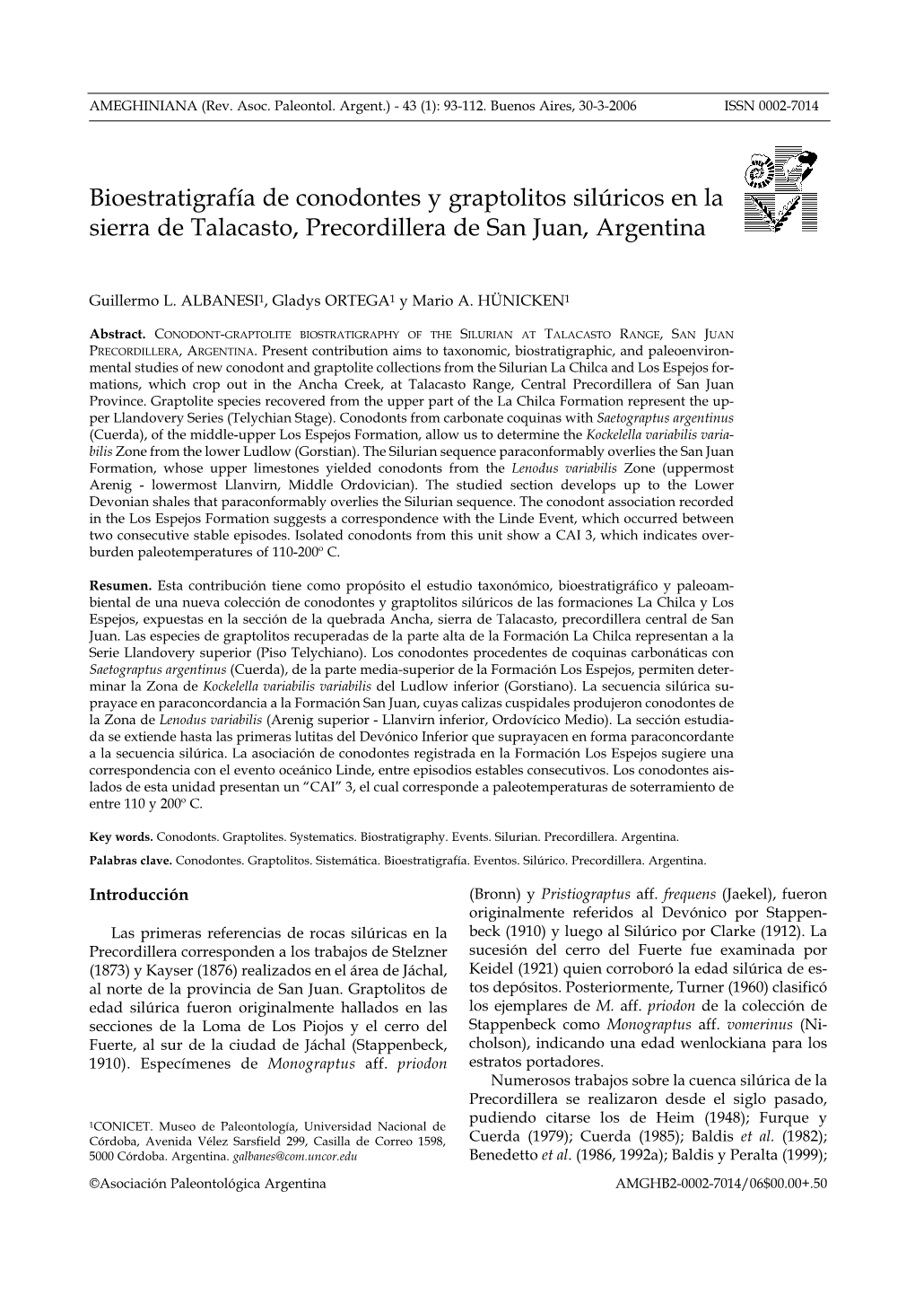 Bioestratigrafía De Conodontes Y Graptolitos Silúricos En La Sierra De Talacasto, Precordillera De San Juan, Argentina