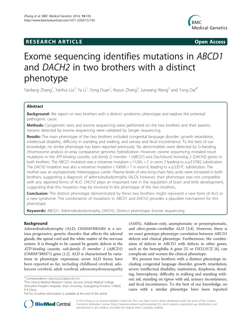 Exome Sequencing Identifies Mutations in ABCD1 and DACH2 In