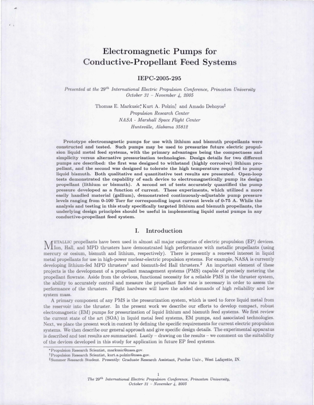 Electromagnetic Pumps for Conductive-Propellant Feed Systems