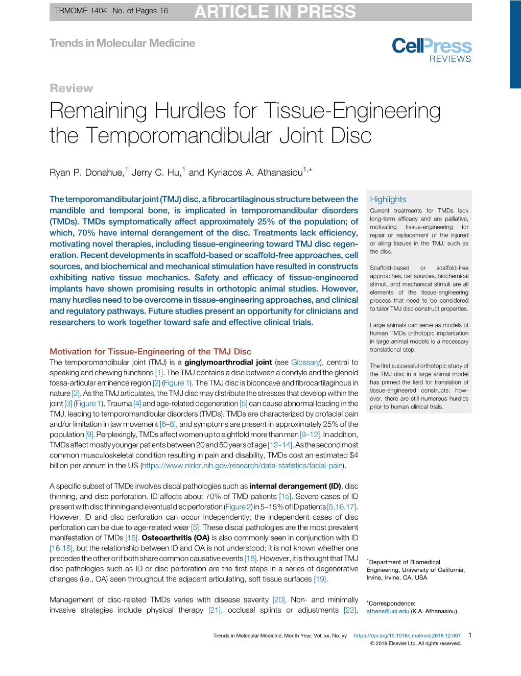 Remaining Hurdles for Tissue-Engineering the Temporomandibular Joint Disc