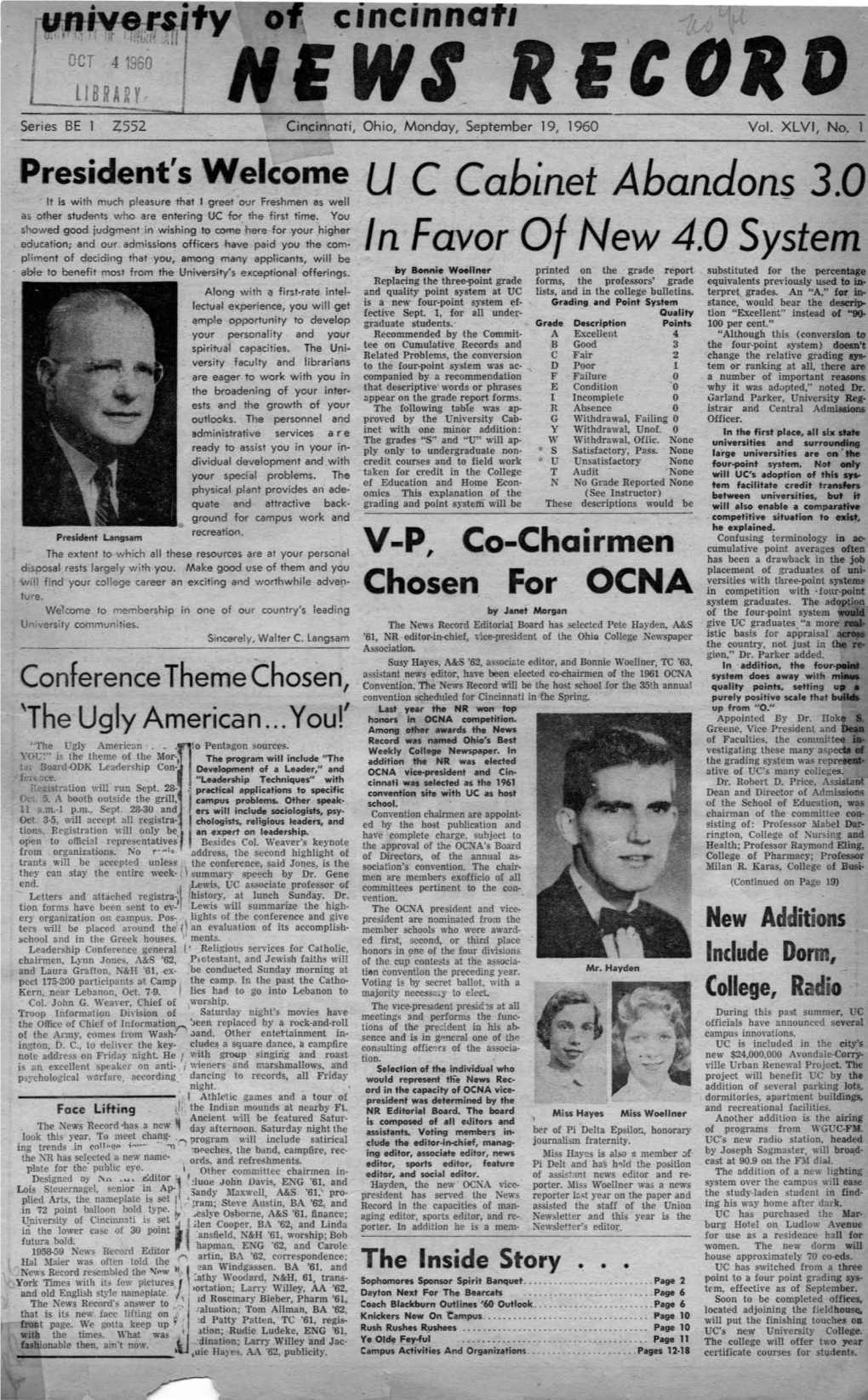 University of Cincinnati News Record. Monday, September 19, 1960. Vol. XLVI, No. 1