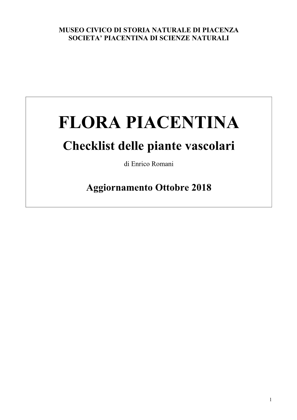 FLORA PIACENTINA Checklist Delle Piante Vascolari