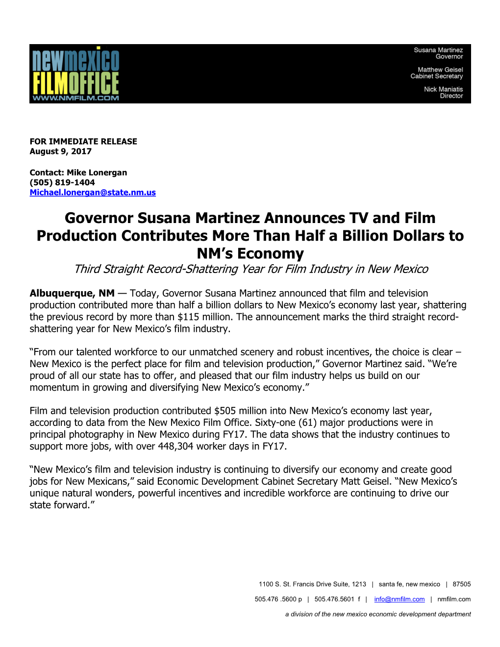 Governor Susana Martinez Announces TV and Film Production