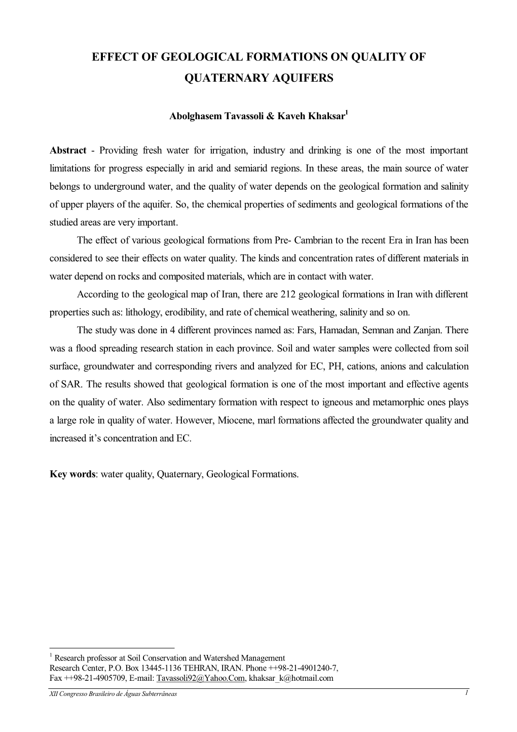 Effect of Geological Formations on Quality of Quaternary Aquifers