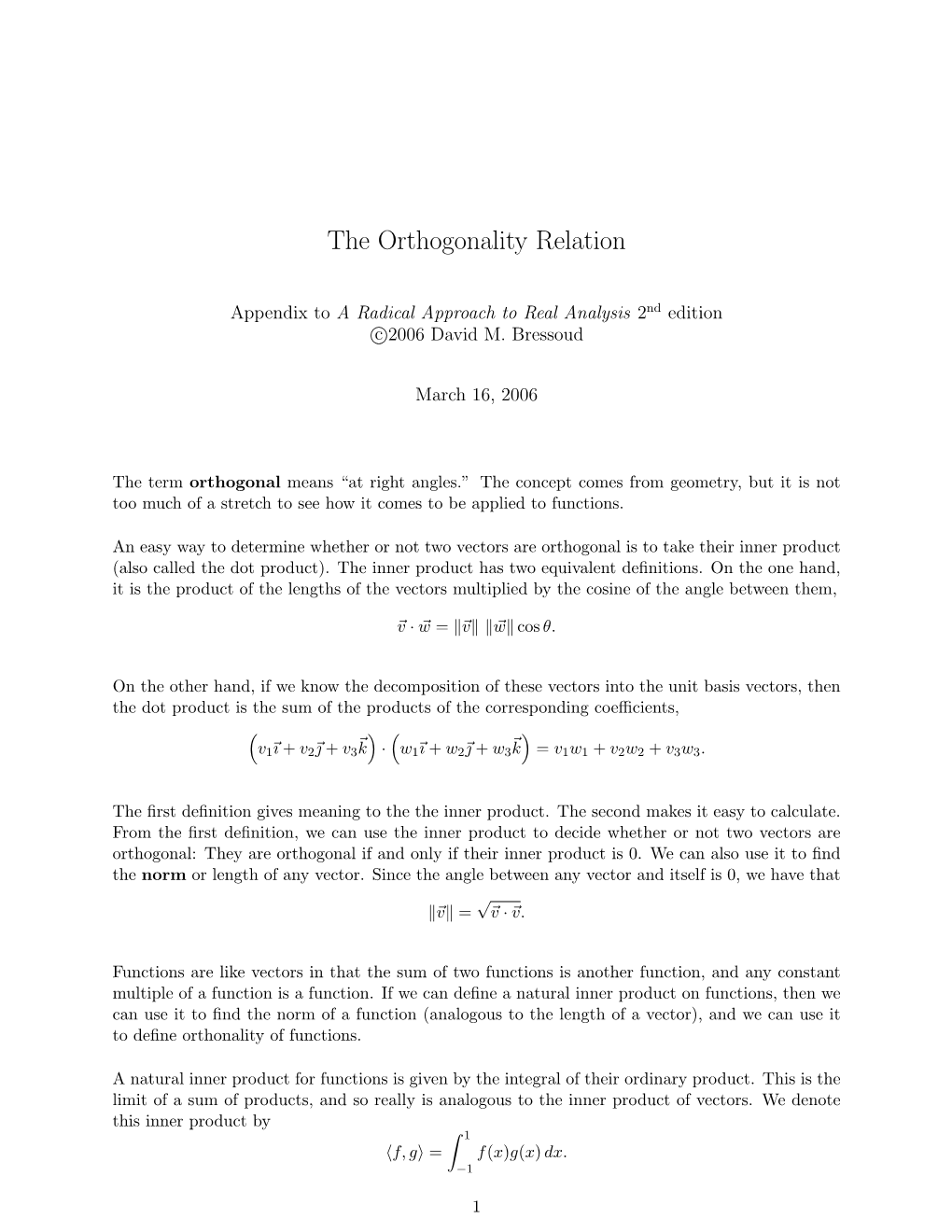 The Orthogonality Relation