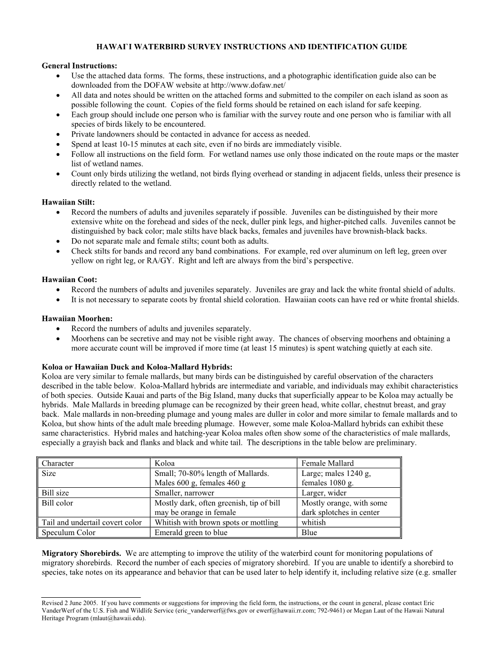 Hawai'i Waterbird Survey Instructions and Identification Guide