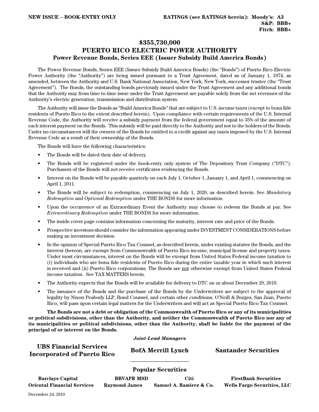 PUERTO RICO ELECTRIC POWER AUTHORITY Power Revenue Bonds, Series EEE (Issuer Subsidy Build America Bonds)