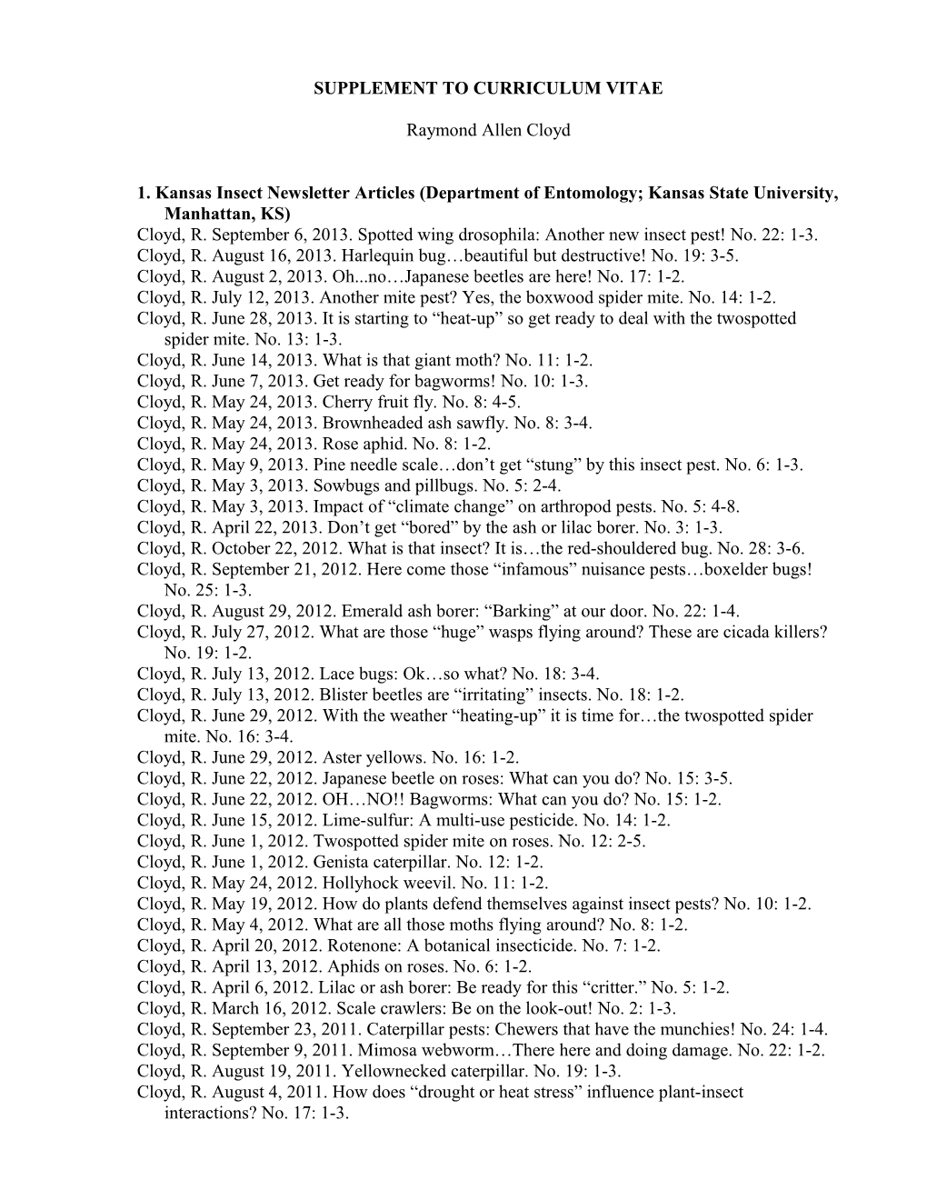 Appendix to Curriculum Vitae