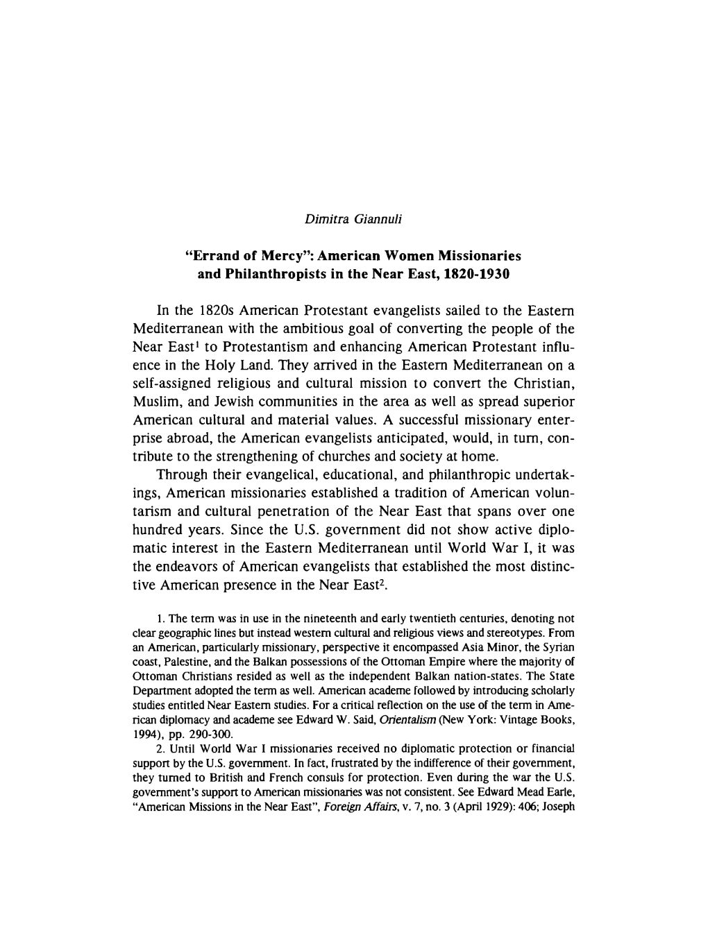 “Errand of Mercy”: American Women Missionaries and Philanthropists in the Near East, 1820-1930